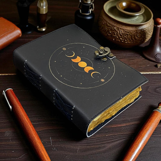 Moon Phase Leather Grimoire Journal – Handmade Spellbook with Deckle Paper & Brass C-Lock