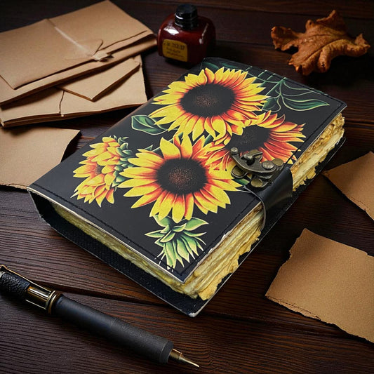 Sunflower Leather Journal – Handmade Vintage Notebook with Deckle Paper & Lock for Women