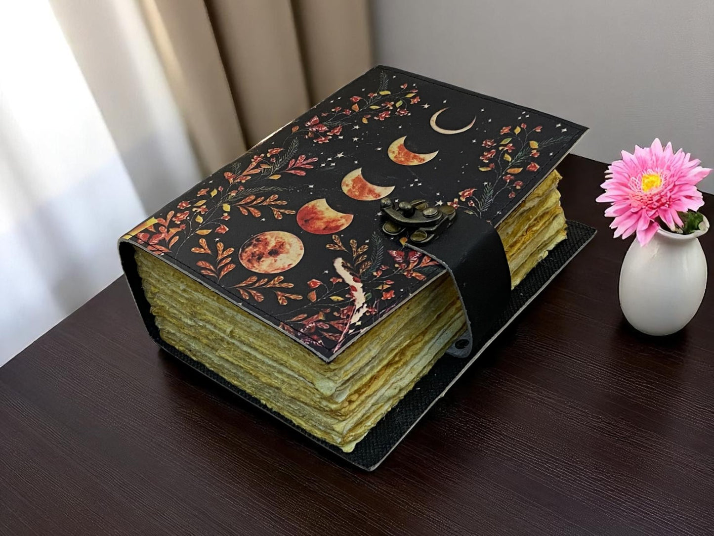 Celestial Moon Phase Leather Grimoire Journal – Handmade Spell Book of Shadows