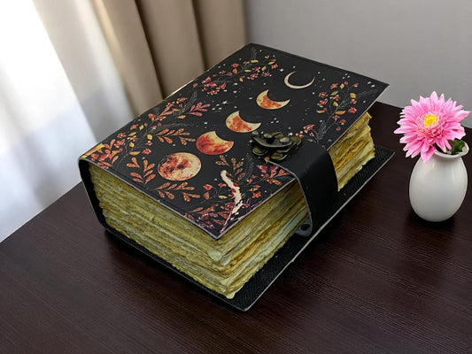 Celestial Moon Phase Leather Grimoire Journal – Handmade Spell Book of Shadows