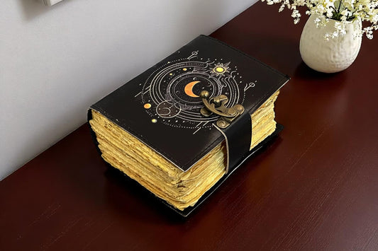Celestial Moon Phase Leather Journal | Handmade Grimoire Spellbook with Deckle Edge Pages