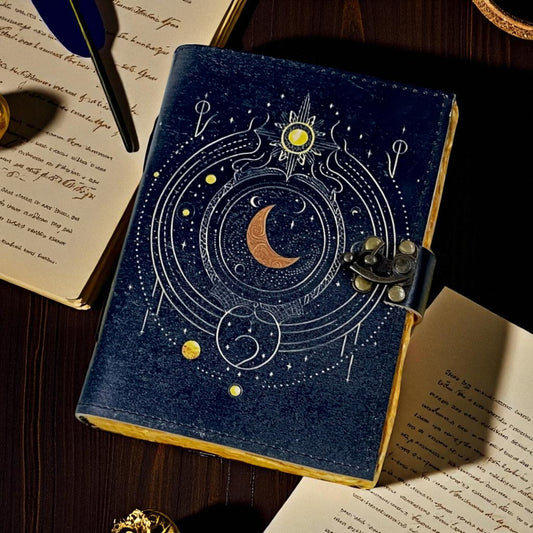 Moon Printed Leather Grimoire Journal – Handmade Spellbook with Vintage Deckle Paper & C Clasp