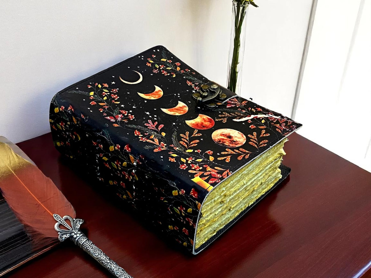 Celestial Moon Phase Leather Grimoire Journal – Handmade Spell Book of Shadows