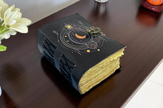 Moon Phase Leather Journal – Handmade Grimoire Spell Book Brass Lock