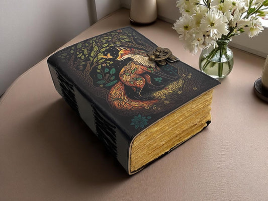 Fox Leather Grimoire Journal – Book of Shadows with Deckle Paper & Vintage Lock