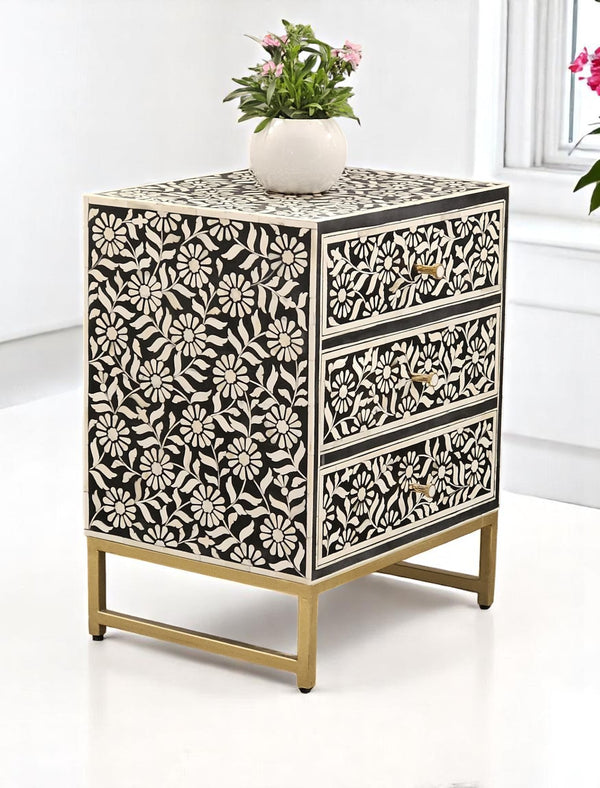 Bone Inlay Floral Bedside Table – 3 Drawer Handmade Nightstand Chest for Bedroom Décor