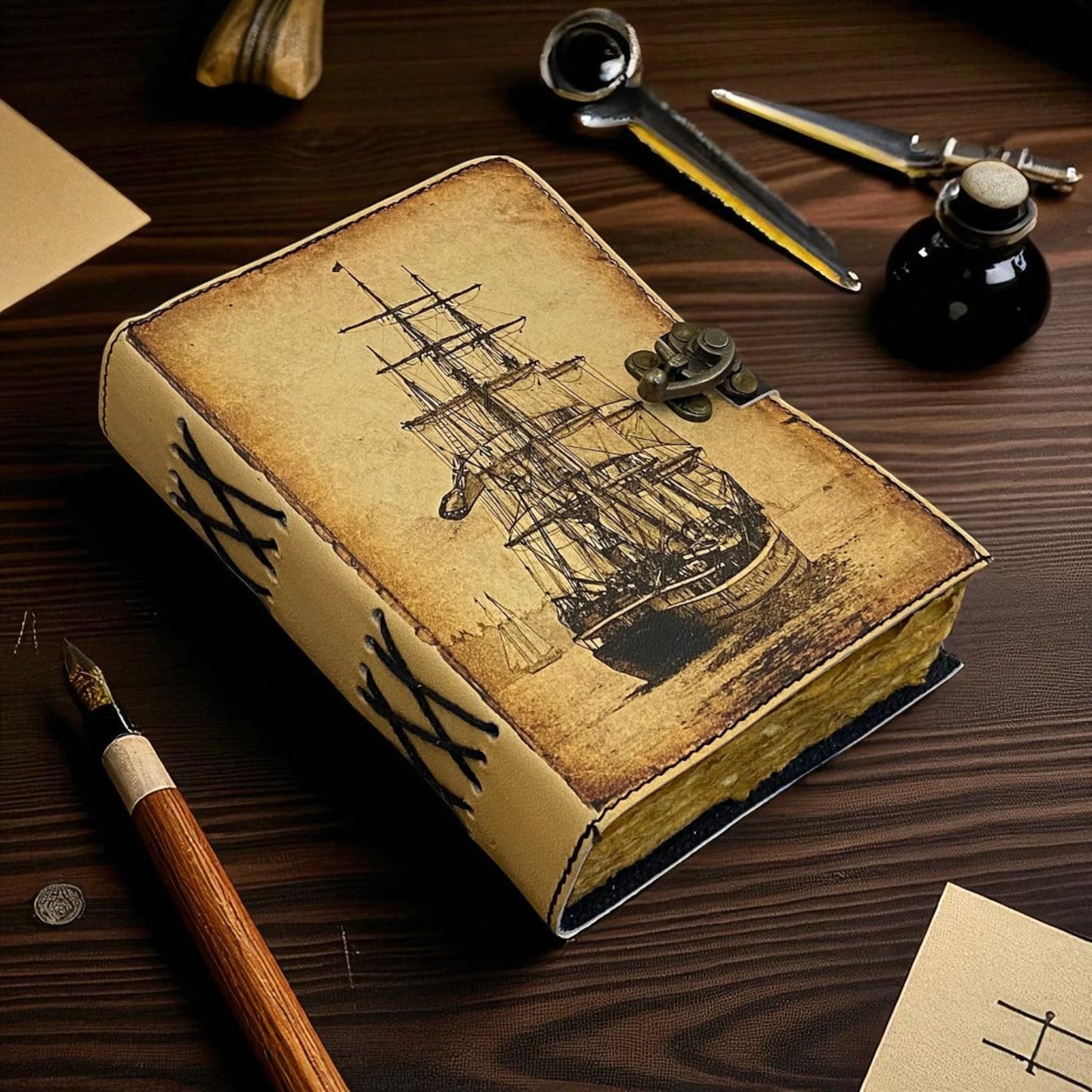 Sailing Ship Leather Journal – Handmade Travel Notebook with Deckle Paper & Brass Lock