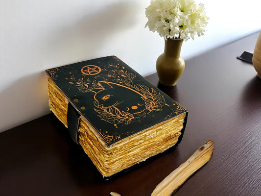 Magic Cat Leather Journal – Handmade Vintage Grimoire Book with Deckle Edge Paper & Lock