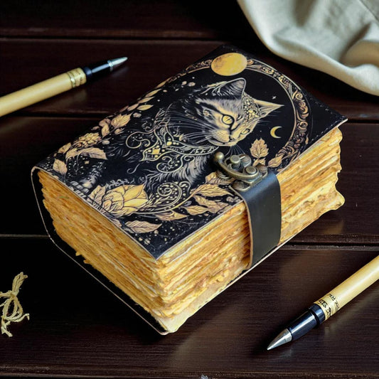 Leather Book of Shadows with Cat Design – Spellbook Spells & Blank Pages – Wiccan Grimoire by HANA EXPORTS