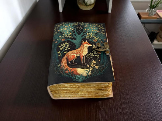 Fox Leather Grimoire Journal – Handmade Vintage Spell Book with Deckle Pages | HANA EXPORTS