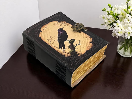 Raven Leather Grimoire Journal – Spell Book with Lock & Handmade Deckle Paper