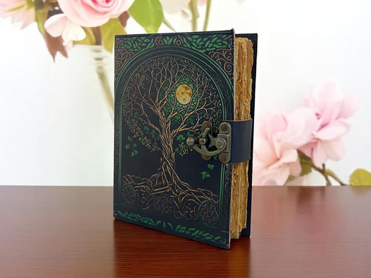 Tree of Life Leather Grimoire Journal – Handmade Spell Book of Shadows with Deckle Edge Paper