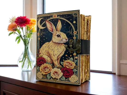 Fox Leather Grimoire Journal – Handmade Spell Book with Vintage Deckle Paper & Lock