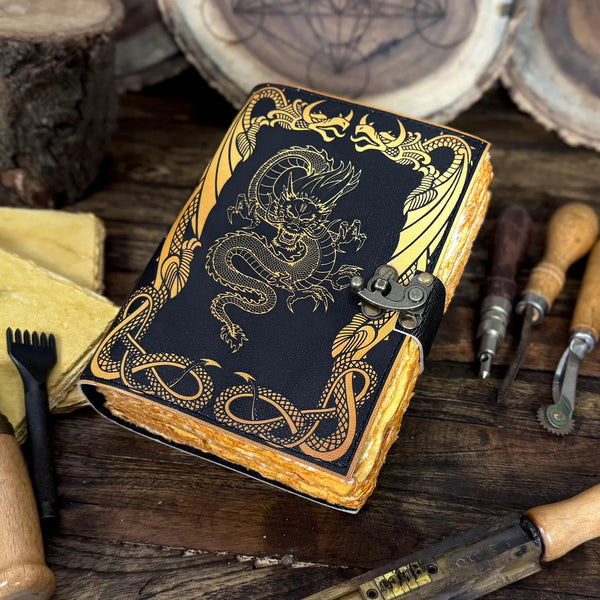 Handmade Leather Dragon Journal – Vintage Sketchbook with Lock | 240 Vintage Pages - Hana Exports