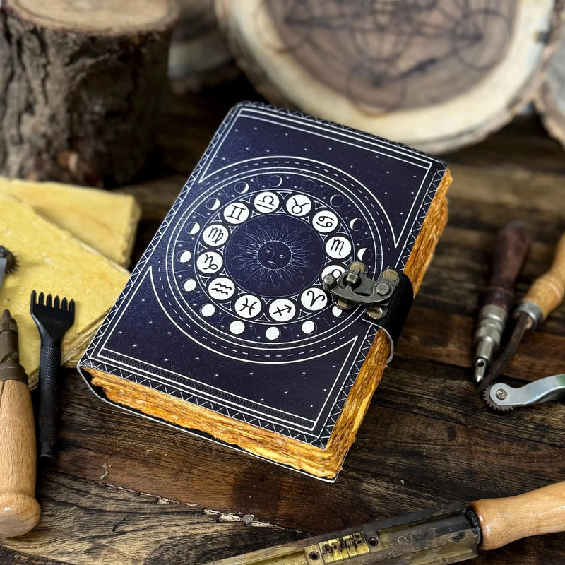 Handmade Leather Zodiac Journal – Vintage Astrology Notebook with Lock | Horoscope & Tarot Diary - Hana Exports