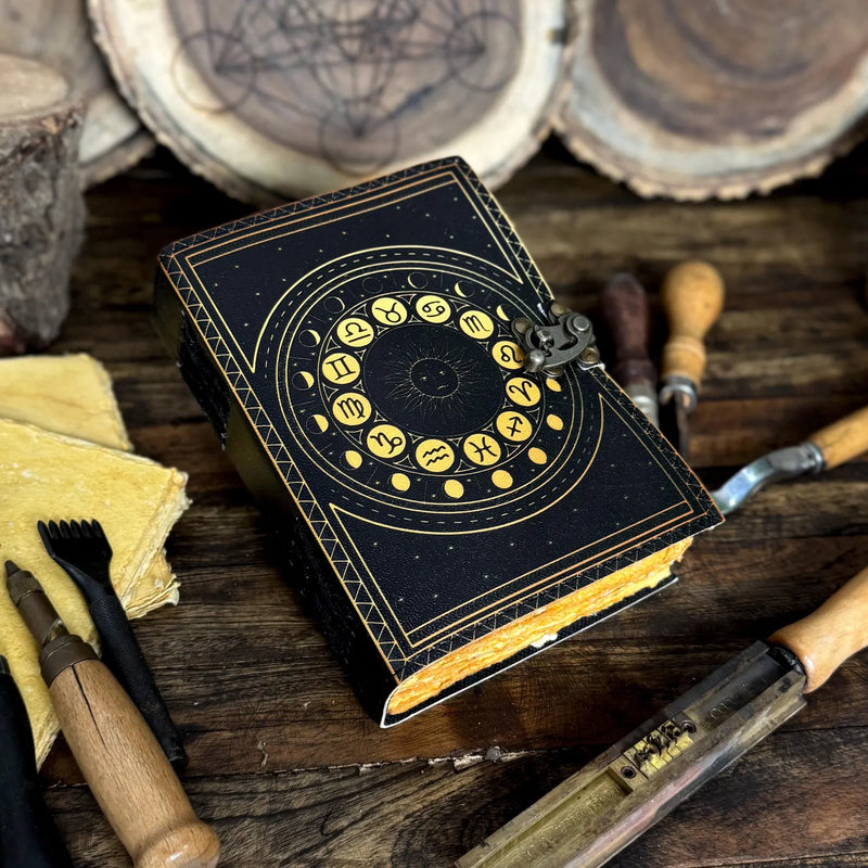 Handmade Leather Zodiac Journal – Vintage Astrology Notebook with Lock | Horoscope & Tarot Diary - Hana Exports