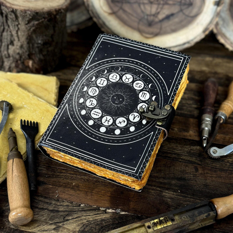 Handmade Leather Zodiac Journal – Vintage Astrology Notebook with Lock | Horoscope & Tarot Diary - Hana Exports