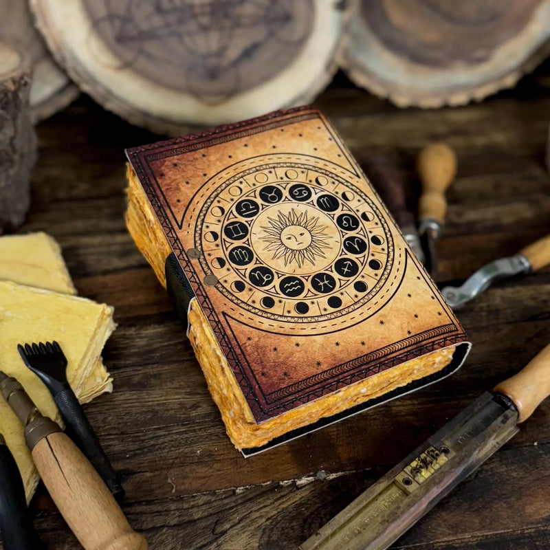 Handmade Leather Zodiac Journal – Vintage Astrology Notebook with Lock | Horoscope & Tarot Diary - Hana Exports