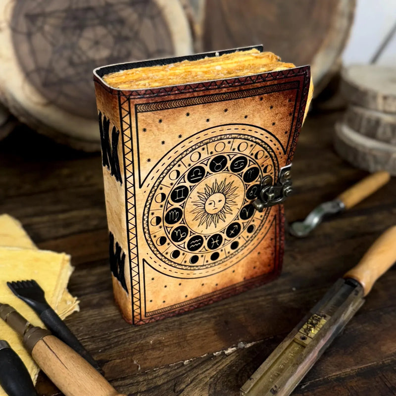 Handmade Leather Zodiac Journal – Vintage Astrology Notebook with Lock | Horoscope & Tarot Diary - Hana Exports