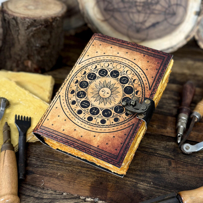 Handmade Leather Zodiac Journal – Vintage Astrology Notebook with Lock | Horoscope & Tarot Diary - Hana Exports