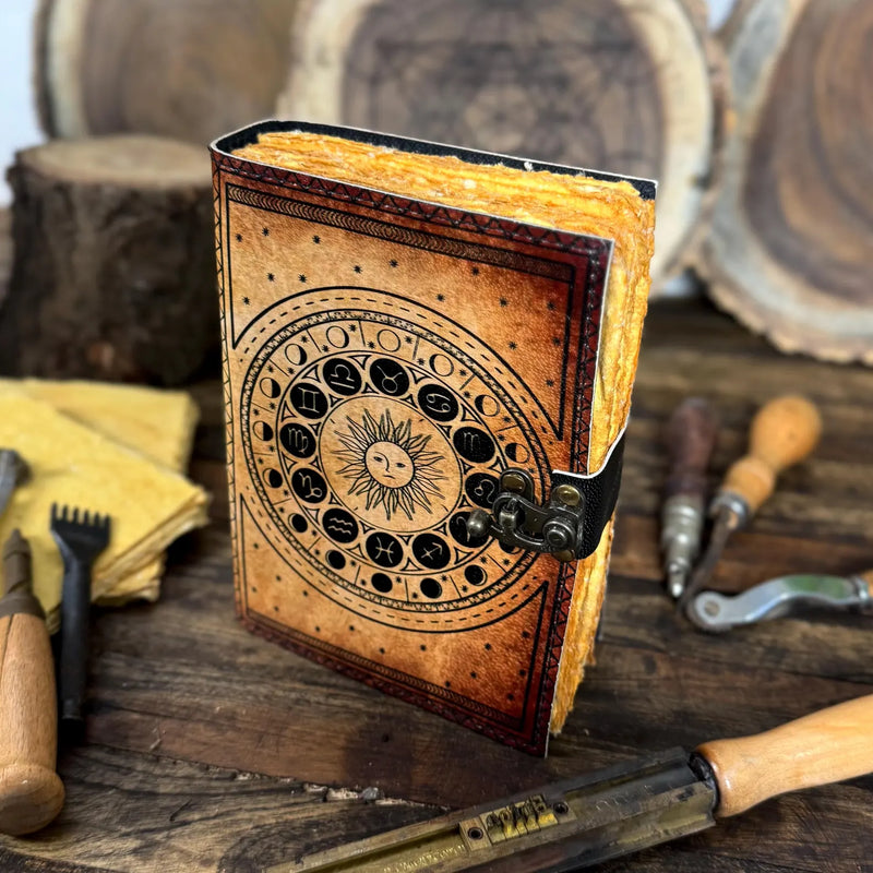 Handmade Leather Zodiac Journal – Vintage Astrology Notebook with Lock | Horoscope & Tarot Diary - Hana Exports