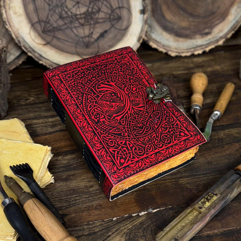 Handmade Green Leather Journal, Print Tree of Life Notebook, Blank spell book book of shadows Leather Celestial - Hana Exports