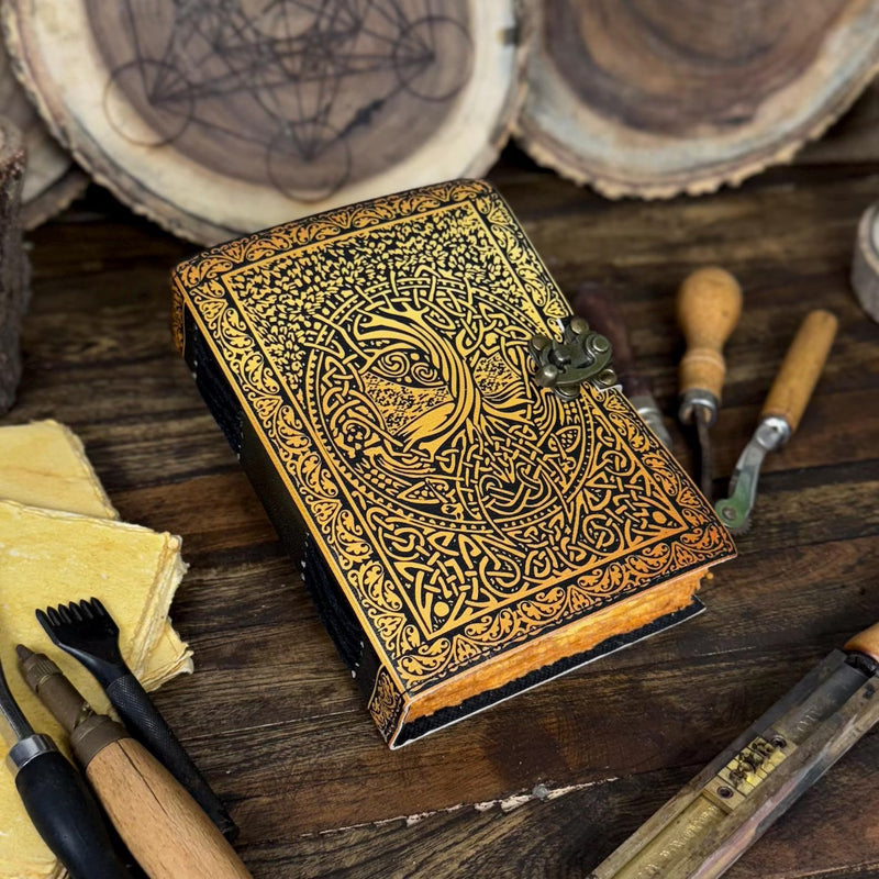 Handmade Green Leather Journal, Print Tree of Life Notebook, Blank spell book book of shadows Leather Celestial - Hana Exports