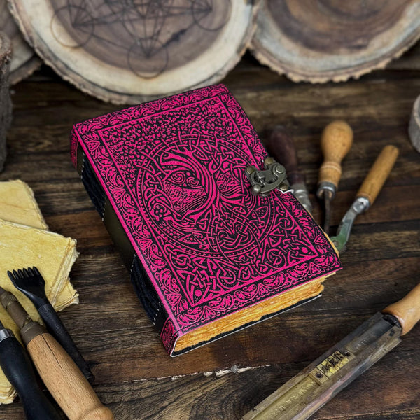 Handmade Green Leather Journal, Print Tree of Life Notebook, Blank spell book book of shadows Leather Celestial - Hana Exports