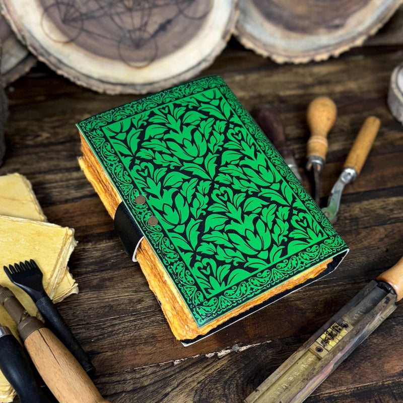 Handmade Green Leather Journal, Print Tree of Life Notebook, Blank spell book book of shadows Leather Celestial - Hana Exports