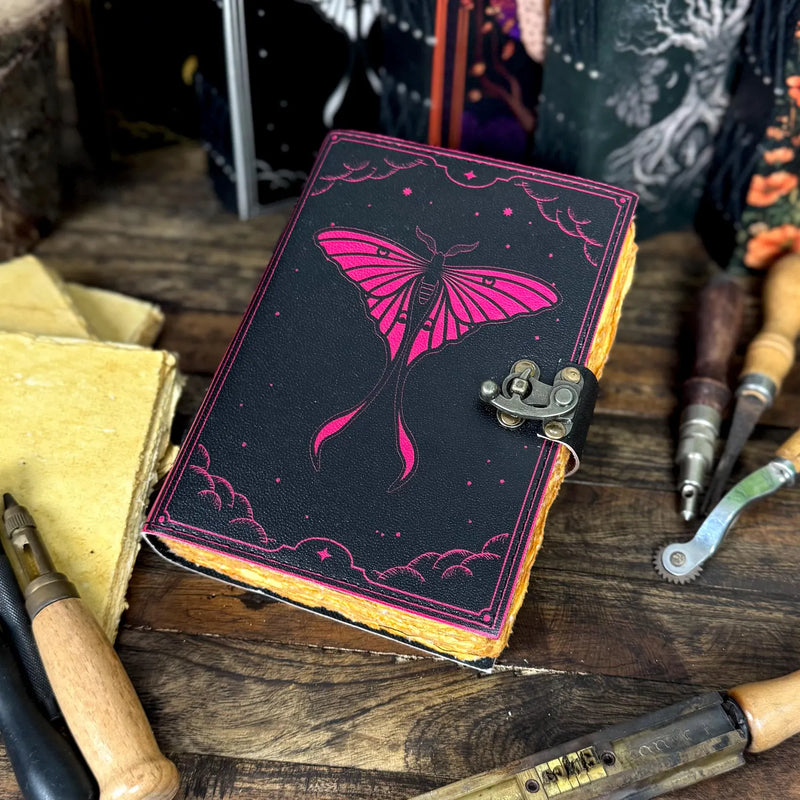 Luna Moth Leather Journal – Vintage Moon Moth Diary with Lock | Handmade Sketchbook - Hana Exports