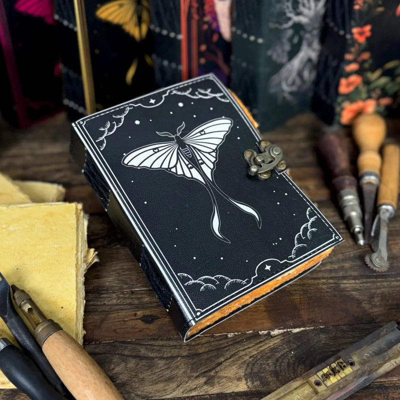 Luna Moth Leather Journal – Vintage Moon Moth Diary with Lock | Handmade Sketchbook - Hana Exports