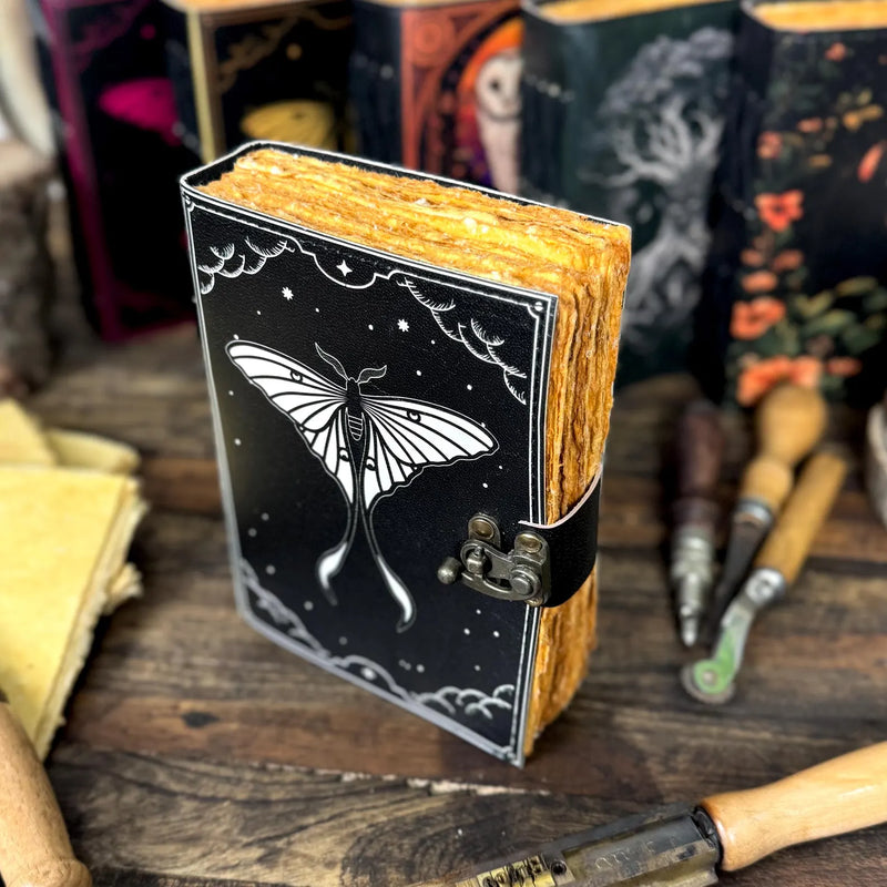 Luna Moth Leather Journal – Vintage Moon Moth Diary with Lock | Handmade Sketchbook - Hana Exports