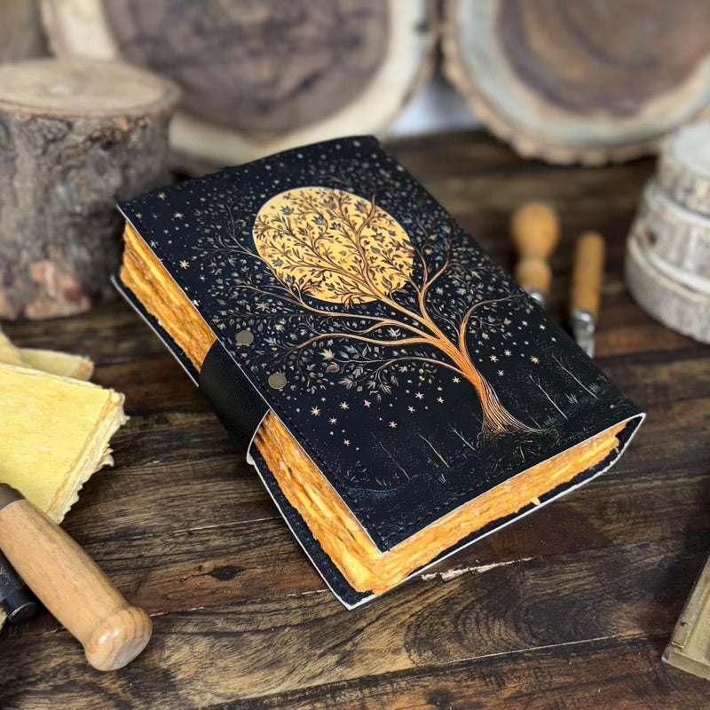 Handmade Leather Journal with Tree of Life Moon | Vintage Rustic Notebook | Gift for Writers, Book Of Shadows, Artists & Journal Lovers - Hana Exports