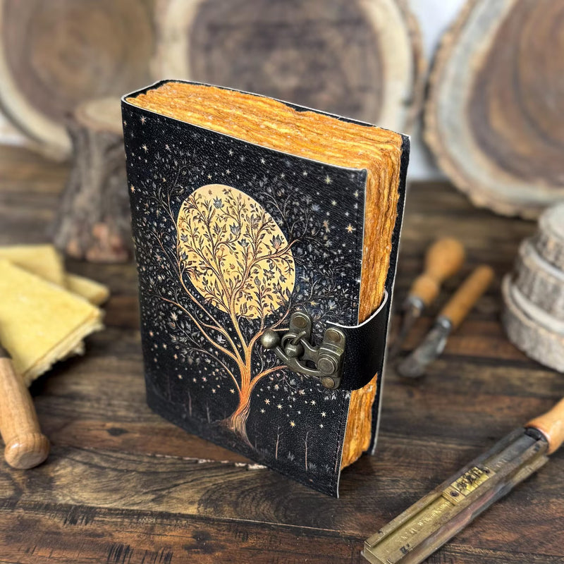 Handmade Leather Journal with Tree of Life Moon | Vintage Rustic Notebook | Gift for Writers, Book Of Shadows, Artists & Journal Lovers - Hana Exports