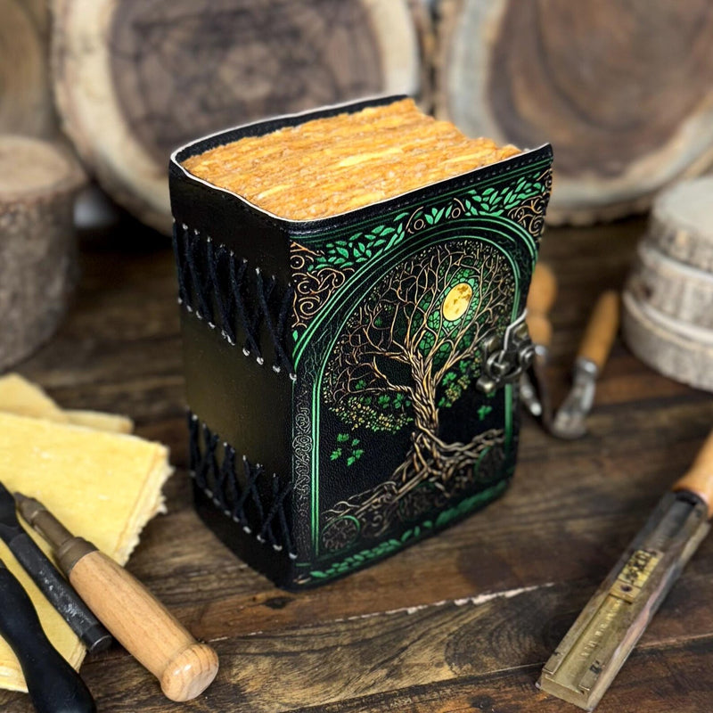 Large Grimoire leather journal, Print Tree of Life Journal, Blank spell book book of shadows Leather Celestial Gifts For Him Her - Hana Exports