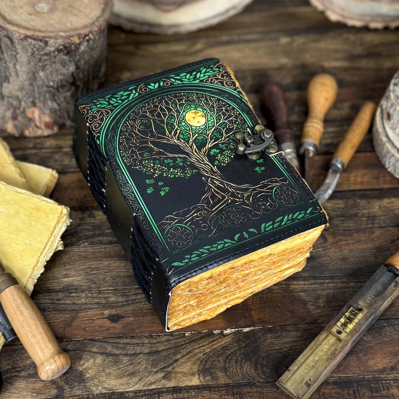 Large Grimoire leather journal, Print Tree of Life Journal, Blank spell book book of shadows Leather Celestial Gifts For Him Her - Hana Exports