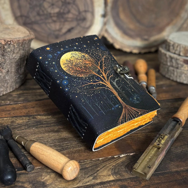Large Grimoire Leather Journal – William Morris Star And Moon | Spell Book of Shadows | Grimoire Notebook with Vintage Deckle Edge Paper - Hana Exports