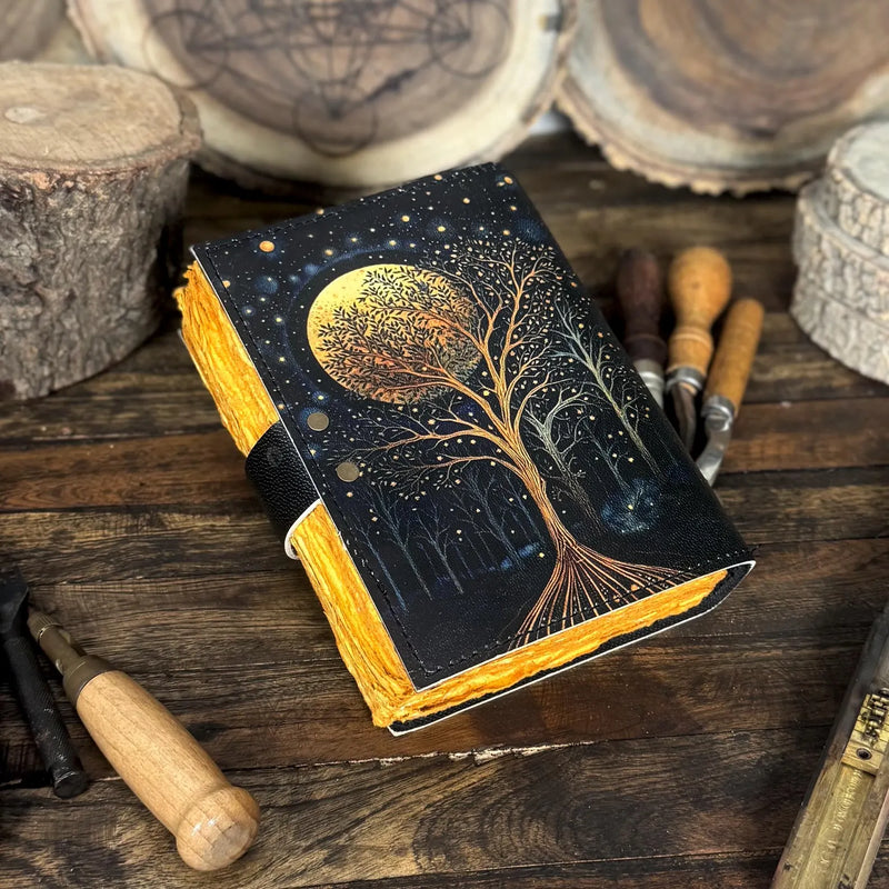 Large Grimoire Leather Journal – William Morris Star And Moon | Spell Book of Shadows | Grimoire Notebook with Vintage Deckle Edge Paper - Hana Exports