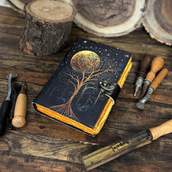 Large Grimoire Leather Journal – William Morris Star And Moon | Spell Book of Shadows | Grimoire Notebook with Vintage Deckle Edge Paper - Hana Exports