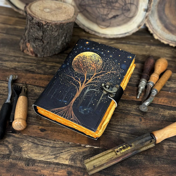Large Grimoire Leather Journal – William Morris Star And Moon | Spell Book of Shadows | Grimoire Notebook with Vintage Deckle Edge Paper - Hana Exports