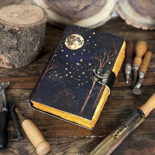 Handmade Leather Journal - Moonlit Forest Design | Vintage Lock Diary | Unique Art Sketchbook | Personalized Leather Notebook - Hana Exports