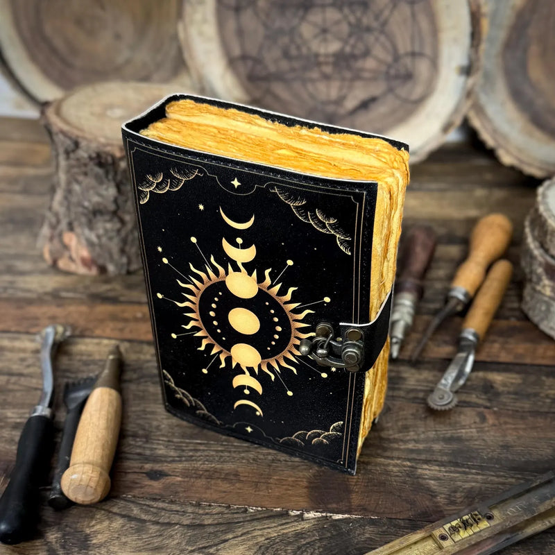Moon Phase Vintage Leather Journal for Men & Women of Antique Handmade Deckle Edge Paper, Leather Sketchbook - Hana Exports