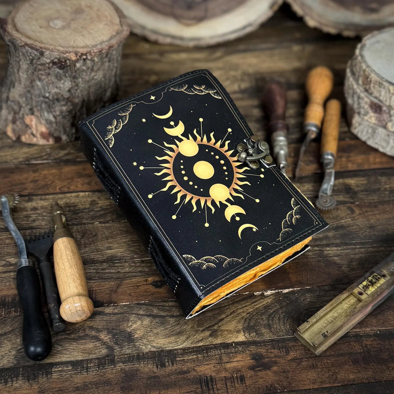 Moon Phase Vintage Leather Journal for Men & Women of Antique Handmade Deckle Edge Paper, Leather Sketchbook - Hana Exports