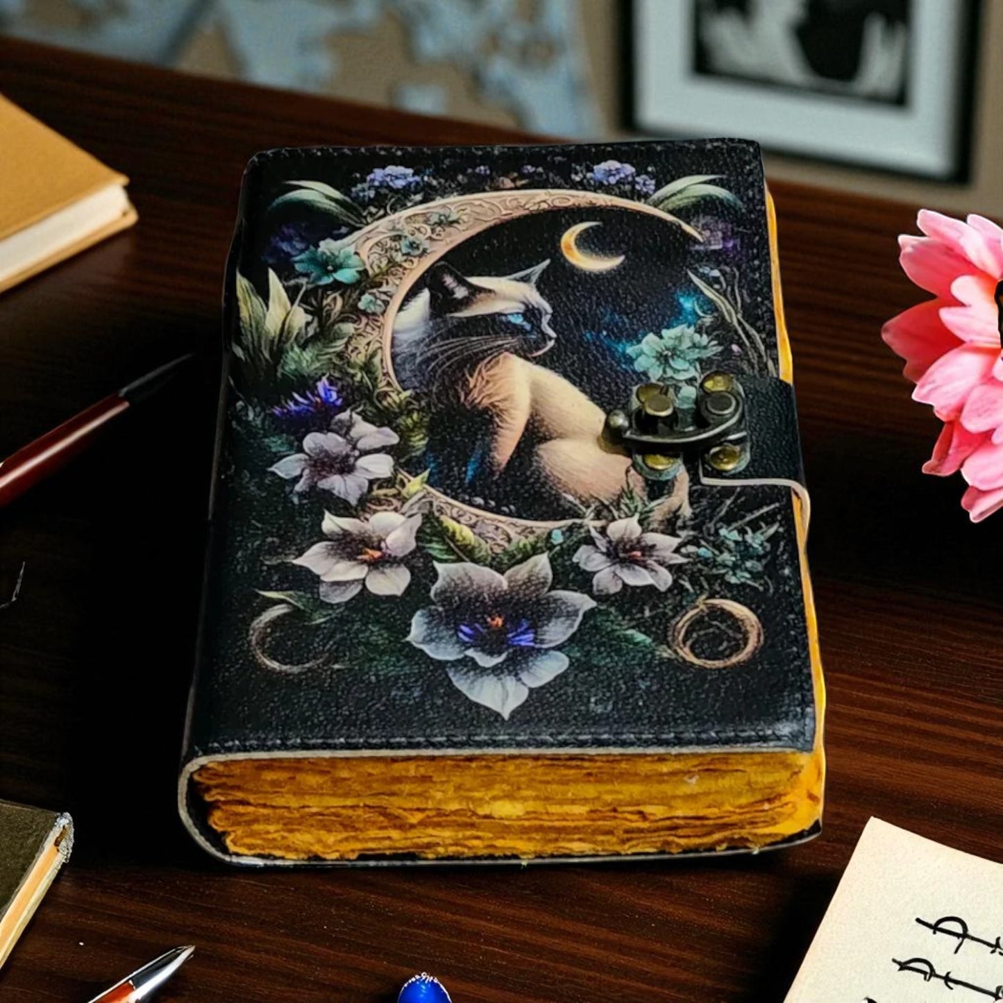 Book of Shadows Leather Spellbook | Witchcraft Journal Spells & Cat Cover | Wiccan Grimoire
