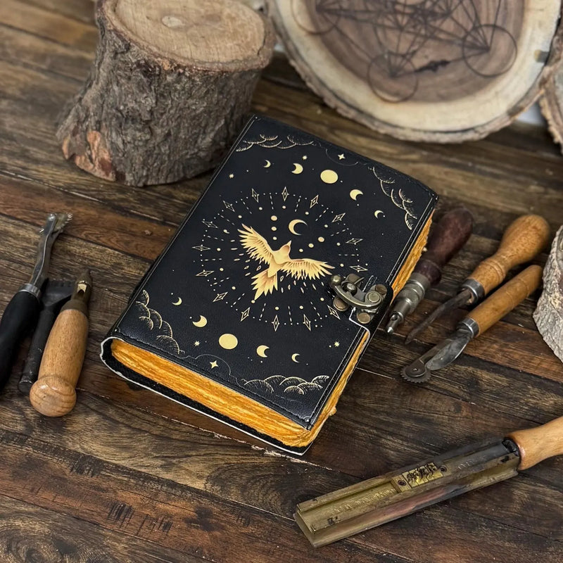 Celestial Phoenix Leather Journal for Men & Women of Antique Handmade Deckle Edge Paper, Leather Sketchbook - Hana Exports