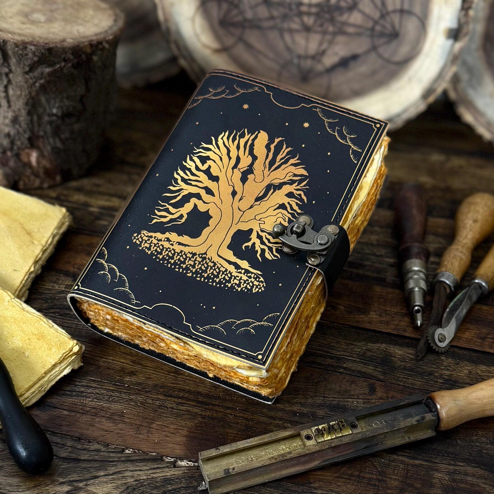 Grimoire Leather Journal – Tree of Life | Handmade Spell Book of Shadows | Witchcraft Grimoire Notebook - Hana Exports