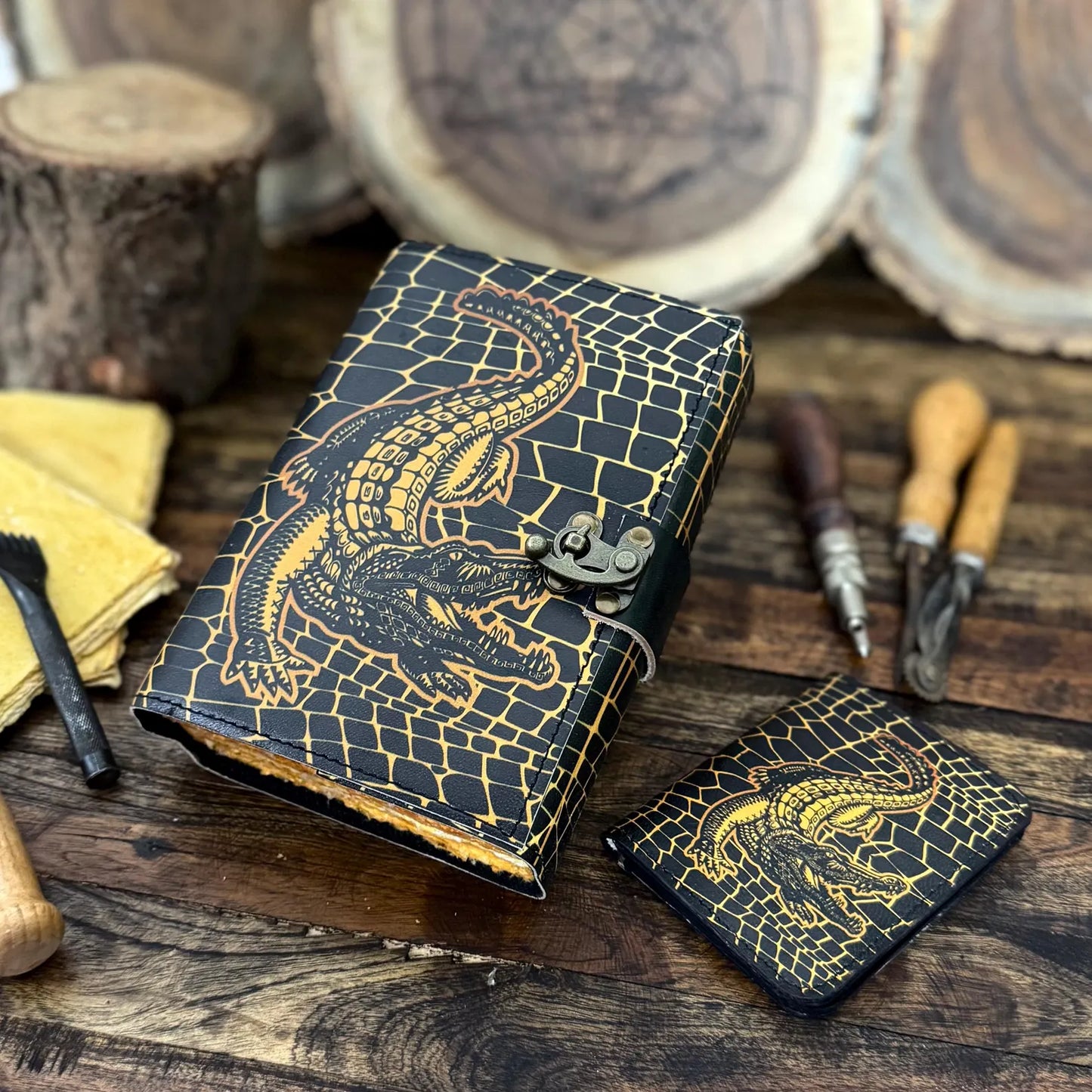 Crocodile Leather Journal – Handmade Grimoire, Spell Book, Book of Shadows, Vintage Sketchbook - Hana Exports