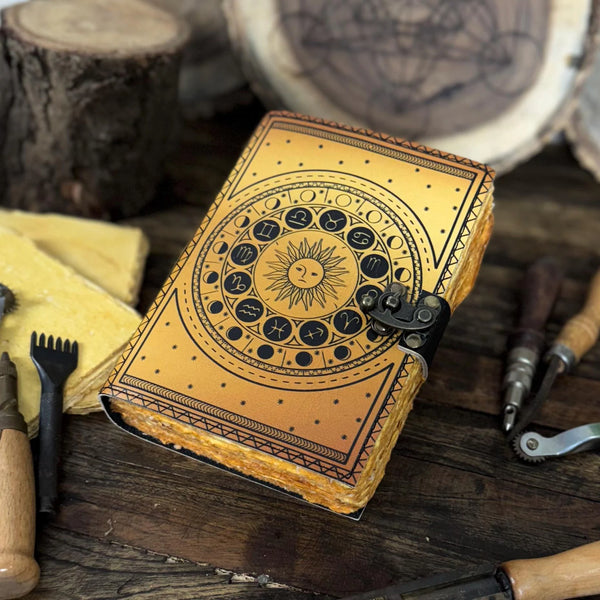 Handmade Leather Zodiac Journal – Vintage Astrology Notebook with Lock | Horoscope & Tarot Diary - Hana Exports