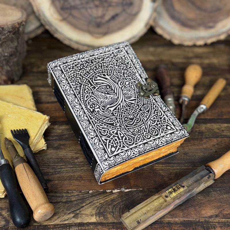 Handmade Green Leather Journal, Print Tree of Life Notebook, Blank spell book book of shadows Leather Celestial - Hana Exports