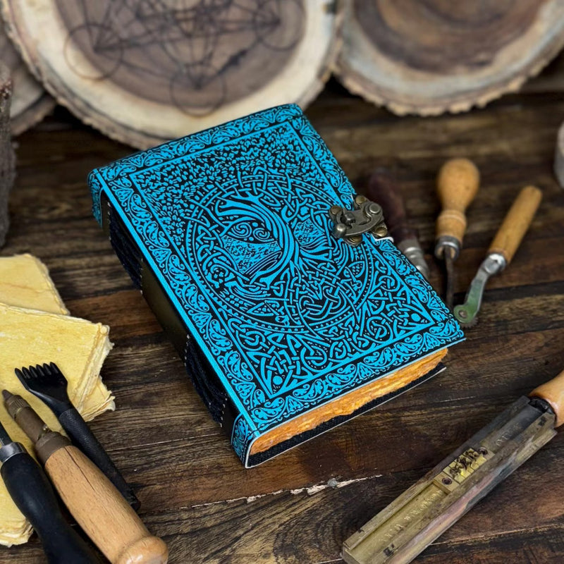 Handmade Green Leather Journal, Print Tree of Life Notebook, Blank spell book book of shadows Leather Celestial - Hana Exports